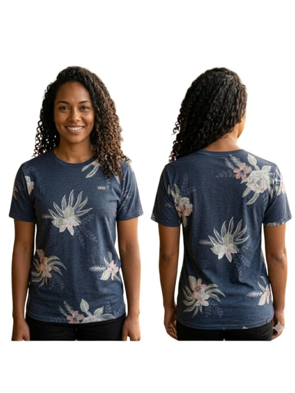 Vans Womens Large Navy Blue Floral Print Graphic T-Shirt Short Sleeve 17.5" P2P